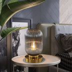 Vernita ribbed glass table lamp – Smoked Grey on brass base