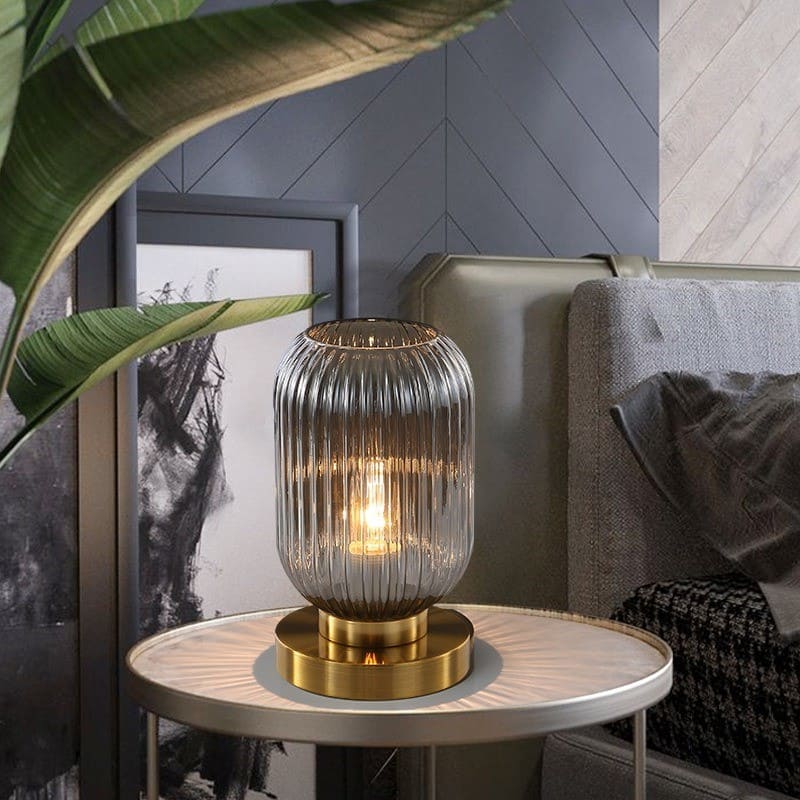 Vernita ribbed glass table lamp – Smoked Grey on brass base