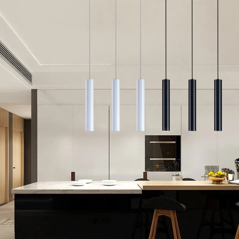 Slim Cylinder LED Pendant Light – Vertano – White and Black Lifestyle