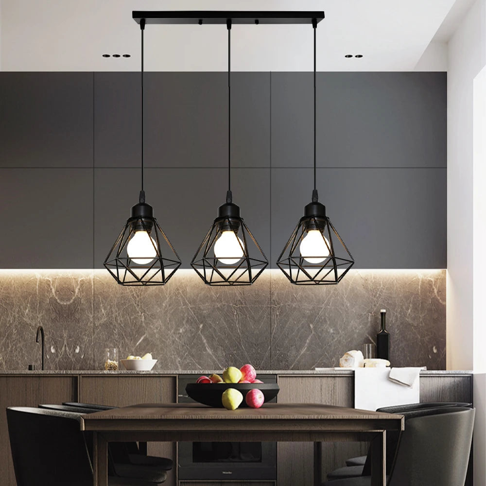 Velorix diamond wire cage pendant – Black, 3-Light Linear Bar over kitchen table