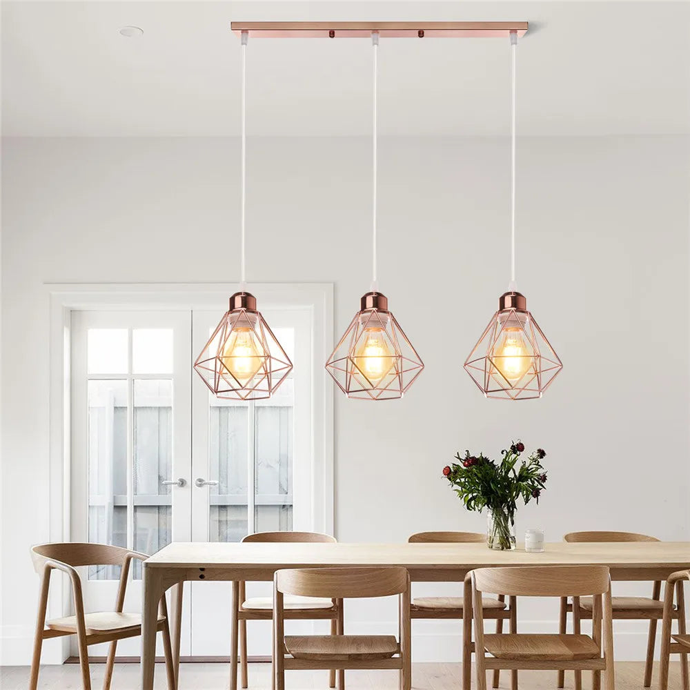Velorix diamond wire cage pendant – Rose Gold, 3-Light Linear Bar in dining room