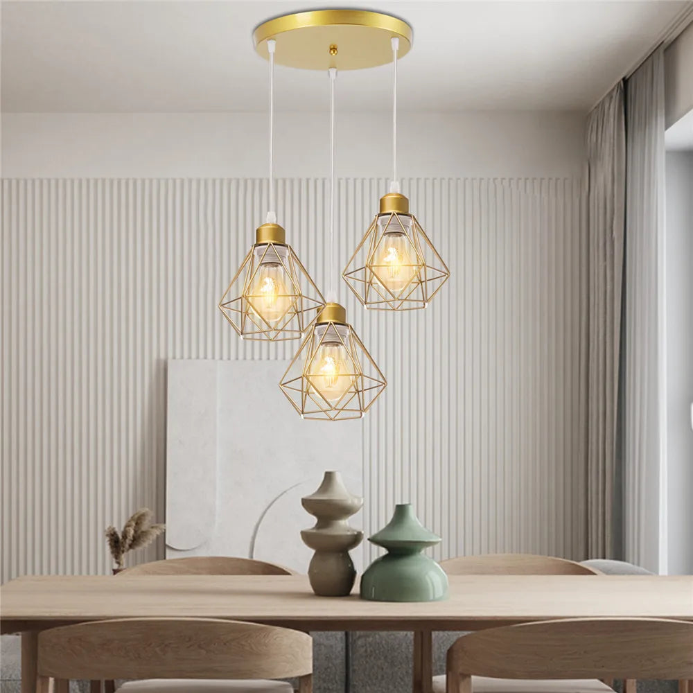 Velorix diamond wire cage pendant – Gold, 3-Light Round Cluster in dining room