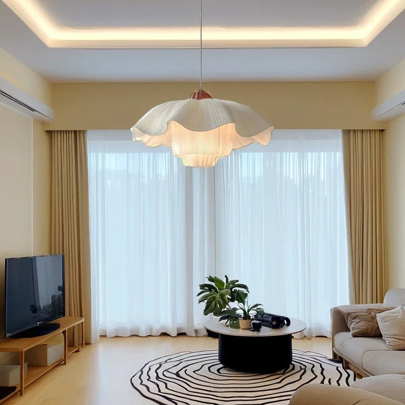 Petal-Form Cloth Pendant Light Xelivon – Living Room Lifestyle